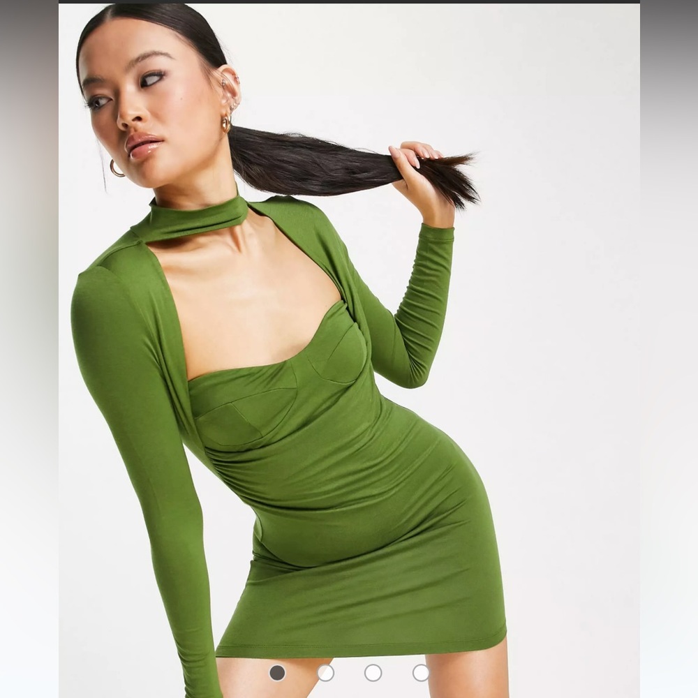 ASOS DESIGN exposed cup long sleeve mini dress in khaki